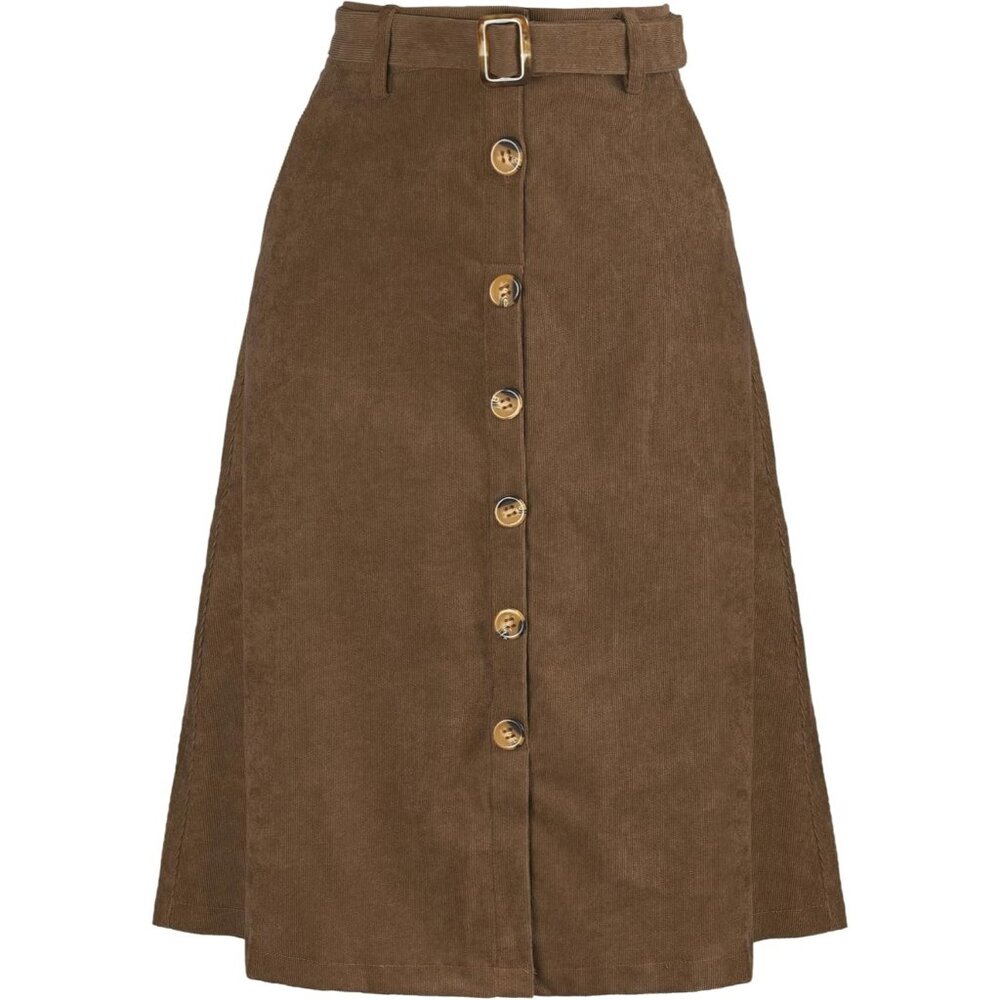 Women's High Waist Button Front A-Line Belted Corduroy Midi Skirt For Women's